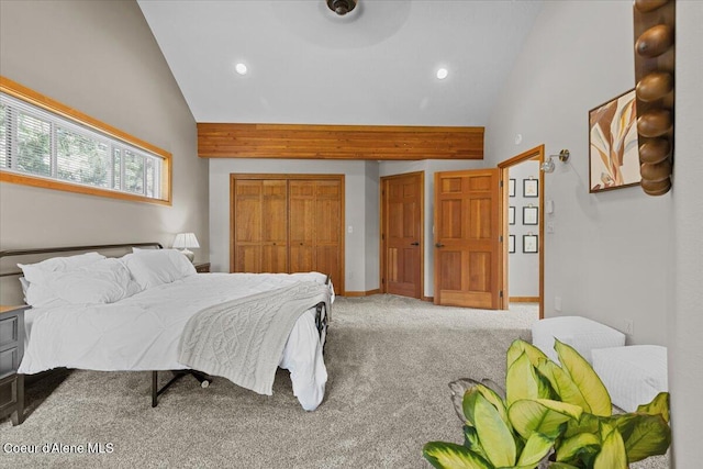 106 Stewart Dr, Blanchard, ID 83804 - bedroom featuring carpet floors, high vaulted ceiling, and recessed lighting