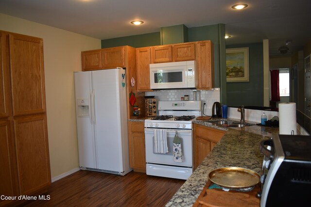 1406 Walnut, Sandpoint, ID 83864 - kitchen with white appliances, a sink, dark wood finished floors, decorative backsplash, and stone countertops