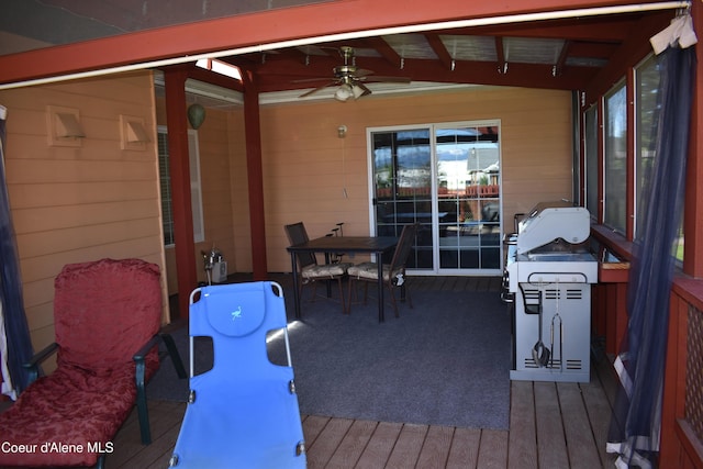 1406 Walnut, Sandpoint, ID 83864 - wooden terrace featuring a ceiling fan and outdoor dining space
