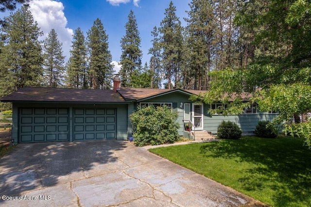 201 S Sequoia Ct, Post Falls, ID 83854 - ranch-style home with a front lawn, a chimney, an attached garage, driveway, and entry steps