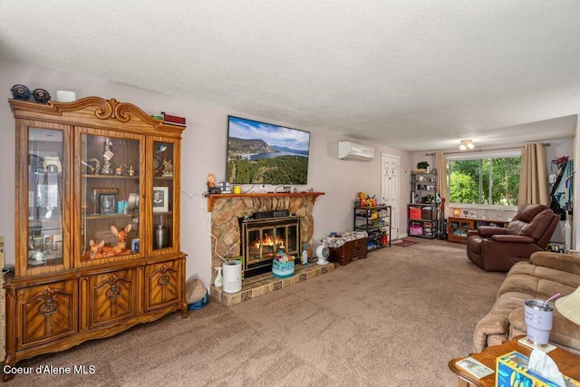 201 S Sequoia Ct, Post Falls, ID 83854 - carpeted living area with a wall mounted air conditioner, a textured ceiling, and a stone fireplace