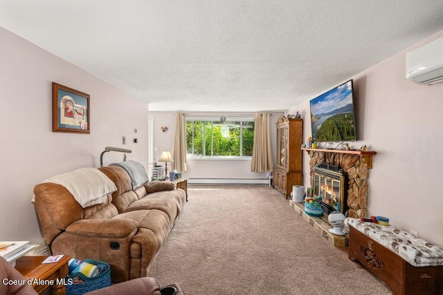 201 S Sequoia Ct, Post Falls, ID 83854 - living area with a baseboard heating unit, a wall mounted air conditioner, carpet flooring, a textured ceiling, and a fireplace