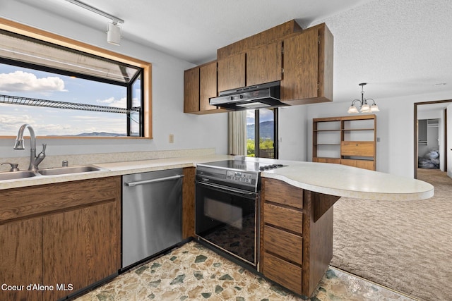 1995 Long Rd, Plummer, ID 83851 - kitchen with stainless steel dishwasher, black electric range, a sink, a peninsula, and under cabinet range hood
