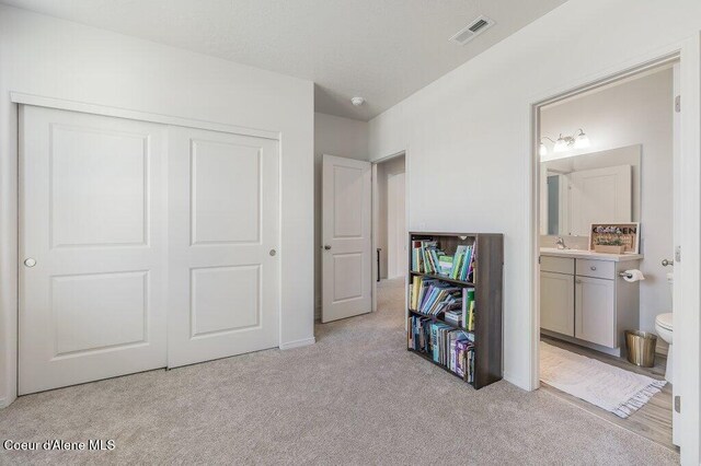 16171 N Hadley Loop, Rathdrum, ID 83858 - carpeted bedroom featuring a closet, connected bathroom, a sink, and baseboards