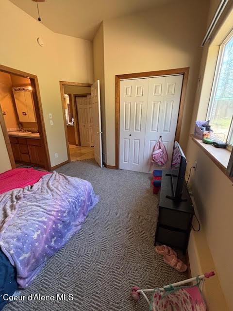 707 Patches Ln, Saint Maries, ID 83861 - bedroom featuring carpet floors, a closet, and vaulted ceiling
