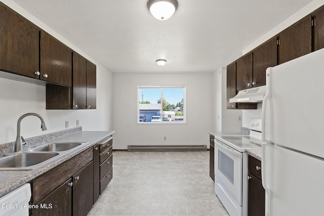 107 E Hattie Ave, Coeur Dalene, ID 83814 - kitchen with white appliances, under cabinet range hood, baseboard heating, dark brown cabinets, and a textured ceiling