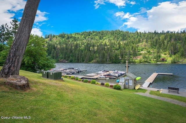 21013 N Circle Rd, Rathdrum, ID 83858 - dock area featuring a wooded view, a lawn, and a water view