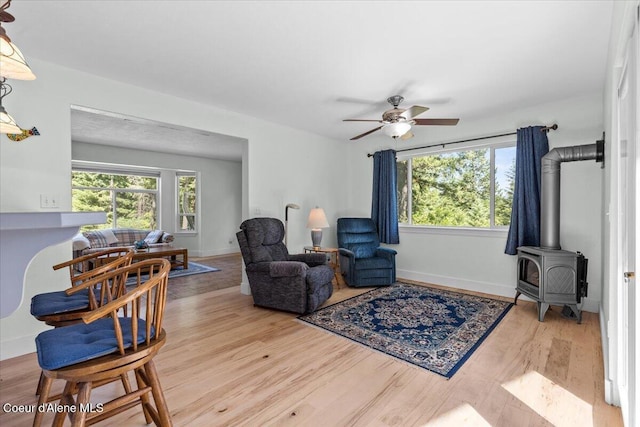 596 Overlake View Rd, Cocolalla, ID 83813 - sitting room featuring light wood-style flooring, a wood stove, and ceiling fan
