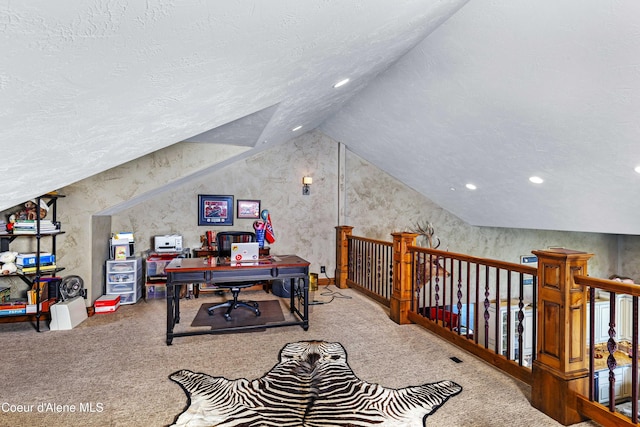 3857 E Beckon Ridge Rd, Coeur Dalene, ID 83814 - home office featuring vaulted ceiling, carpet flooring, recessed lighting, and a textured ceiling