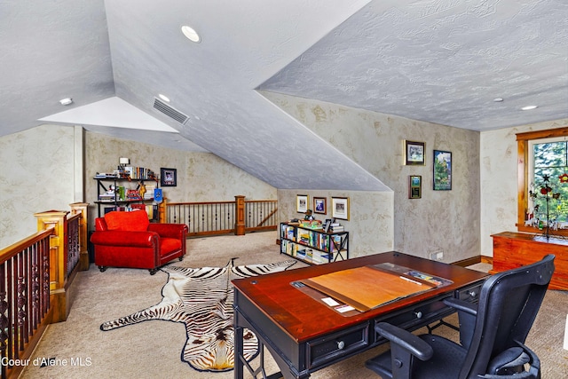 3857 E Beckon Ridge Rd, Coeur Dalene, ID 83814 - office area with carpet, lofted ceiling, a textured ceiling, and recessed lighting