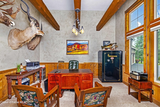 3857 E Beckon Ridge Rd, Coeur Dalene, ID 83814 - carpeted office space with beam ceiling, a chandelier, a wainscoted wall, and wooden walls