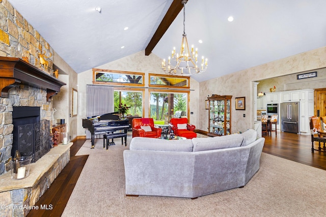 3857 E Beckon Ridge Rd, Coeur Dalene, ID 83814 - living room with wood finished floors, high vaulted ceiling, beamed ceiling, a chandelier, and a stone fireplace