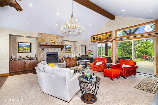 3857 E Beckon Ridge Rd, Coeur Dalene, ID 83814 - living room featuring a chandelier, high vaulted ceiling, beamed ceiling, a fireplace, and recessed lighting