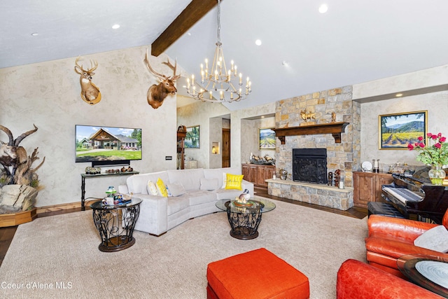 3857 E Beckon Ridge Rd, Coeur Dalene, ID 83814 - living room with a chandelier, a fireplace, wood finished floors, and recessed lighting