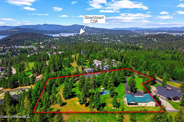 3857 E Beckon Ridge Rd, Coeur Dalene, ID 83814 - aerial view of property and surrounding area featuring a water and mountain view and property boundaries highlighted