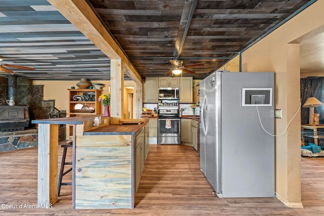 312 E 5th Ave, Clark Fork, ID 83811 - kitchen featuring a ceiling fan, appliances with stainless steel finishes, butcher block counters, a wood stove, and light wood-style flooring