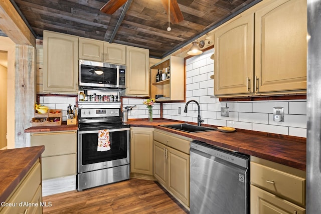 312 E 5th Ave, Clark Fork, ID 83811 - kitchen featuring wood counters, appliances with stainless steel finishes, wooden ceiling, backsplash, and dark wood finished floors