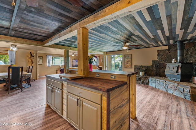 312 E 5th Ave, Clark Fork, ID 83811 - kitchen featuring butcher block countertops, a ceiling fan, a wood stove, light wood-style flooring, and a wood ceiling with exposed beams