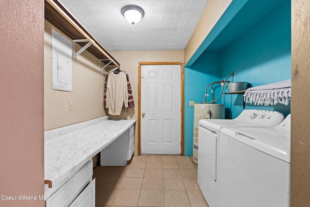 312 E 5th Ave, Clark Fork, ID 83811 - laundry area featuring separate washer and dryer, water heater, a textured ceiling, and light tile patterned floors