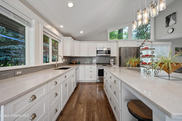 3593 W Fairway Dr, Coeur Dalene, ID 83815 - kitchen featuring appliances with stainless steel finishes, a sink, lofted ceiling, decorative backsplash, and light stone countertops