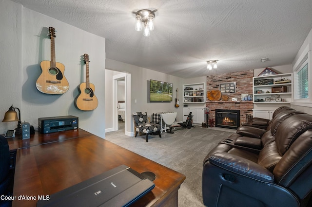 3593 W Fairway Dr, Coeur Dalene, ID 83815 - carpeted living room with a textured ceiling, built in features, and a brick fireplace