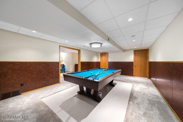 8416 N Haye Ln, Newman Lake, WA 99025 - recreation room featuring wainscoting, carpet flooring, a paneled ceiling, billiards, and wood walls