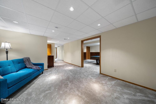 8416 N Haye Ln, Newman Lake, WA 99025 - living room with pool table, baseboards, carpet flooring, a paneled ceiling, and recessed lighting
