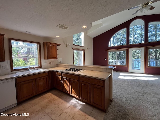 11019 W Crystal Bay Rd, Post Falls, ID 83854 - kitchen with white appliances, a sink, light countertops, a peninsula, and a textured ceiling