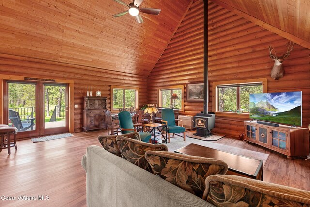 2609 W Seasons Rd, Athol, ID 83801 - living room featuring a wood stove, high vaulted ceiling, wood ceiling, a ceiling fan, and log walls