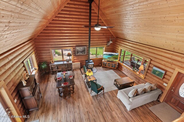 2609 W Seasons Rd, Athol, ID 83801 - living room with log walls, wood ceiling, ceiling fan, a wood stove, and wood finished floors
