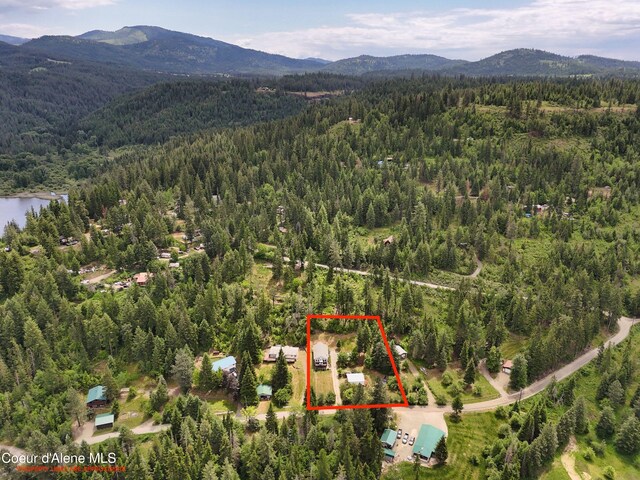 26370 S Hinds Dr, Saint Maries, ID 83861 - aerial overview of property's location with a heavily wooded area, mountains, and property boundaries highlighted