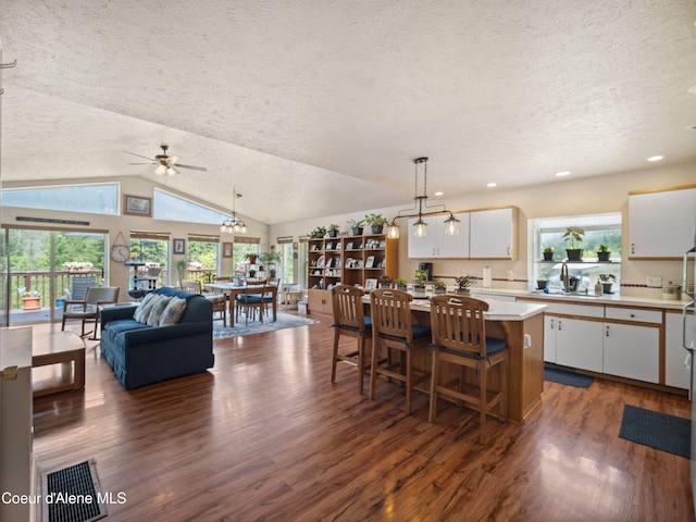 26370 S Hinds Dr, Saint Maries, ID 83861 - dining space with a textured ceiling, dark wood-type flooring, a ceiling fan, vaulted ceiling, and recessed lighting