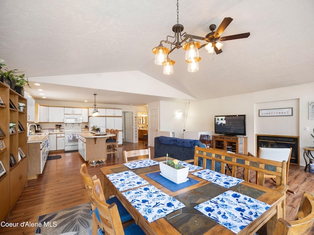 26370 S Hinds Dr, Saint Maries, ID 83861 - dining area featuring dark wood-type flooring, lofted ceiling, a chandelier, a textured ceiling, and ceiling fan