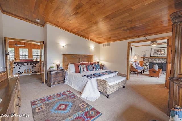 15964 N Songbird Ln, Rathdrum, ID 83858 - bedroom with carpet floors, crown molding, wooden ceiling, and vaulted ceiling