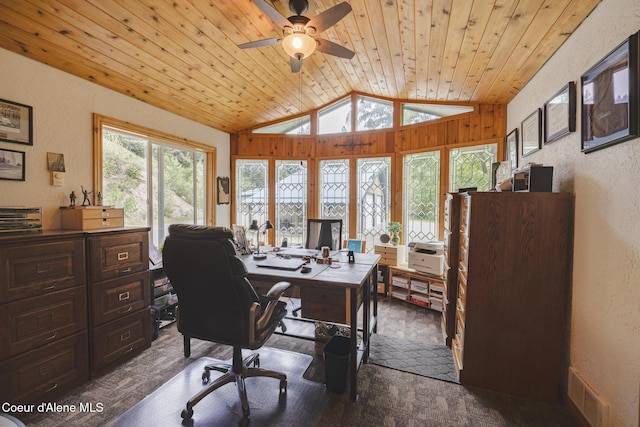15964 N Songbird Ln, Rathdrum, ID 83858 - carpeted office featuring lofted ceiling, a textured wall, wooden ceiling, and a ceiling fan
