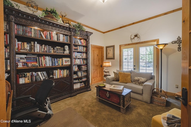 15964 N Songbird Ln, Rathdrum, ID 83858 - sitting room with carpet floors, french doors, and crown molding