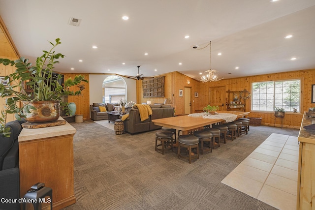 15964 N Songbird Ln, Rathdrum, ID 83858 - carpeted dining room featuring wooden walls, recessed lighting, and a chandelier