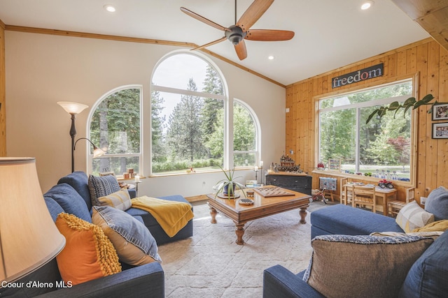 15964 N Songbird Ln, Rathdrum, ID 83858 - living room featuring a ceiling fan, crown molding, recessed lighting, and wooden walls