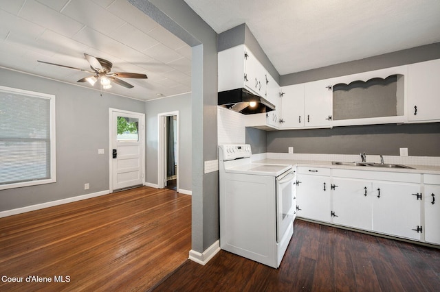 1412/1414 N 13th St, Coeur Dalene, ID 83814 - kitchen with electric stove, under cabinet range hood, dark wood-style flooring, and ceiling fan