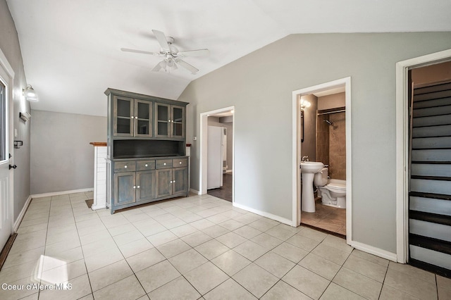 1412/1414 N 13th St, Coeur Dalene, ID 83814 - unfurnished living room with ceiling fan, vaulted ceiling, light tile patterned floors, and stairway
