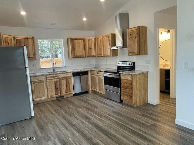 1412/1414 N 13th St, Coeur Dalene, ID 83814 - kitchen with stainless steel appliances, wall chimney range hood, dark wood-style floors, lofted ceiling, and recessed lighting