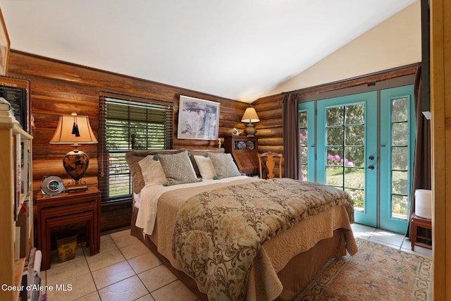 343 W Spring Creek Rd, Hope, ID 83836 - bedroom with rustic walls, access to outside, lofted ceiling, and light tile patterned floors