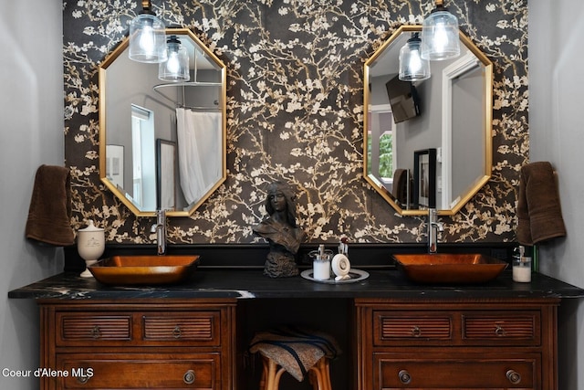 343 W Spring Creek Rd, Hope, ID 83836 - full bathroom featuring wallpapered walls and double vanity
