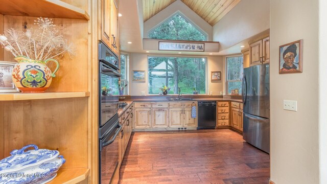 75 Windy Ln, Moyie Springs, ID 83845 - kitchen featuring black appliances, hardwood / wood-style floors, a sink, recessed lighting, and high vaulted ceiling