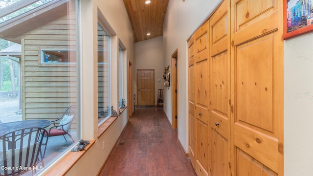 75 Windy Ln, Moyie Springs, ID 83845 - hall with dark wood finished floors, recessed lighting, and wooden ceiling