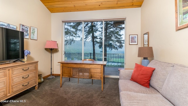 75 Windy Ln, Moyie Springs, ID 83845 - home office featuring wood ceiling, carpet, and baseboards