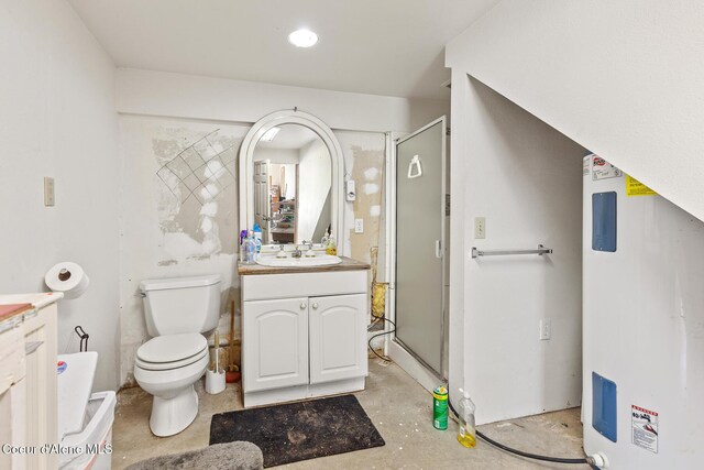 26277 N Chevrolane Way, Rathdrum, ID 83858 - bathroom with water heater, vanity, a shower stall, and unfinished concrete flooring