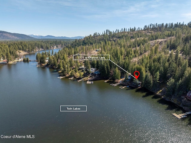 7771 W Channel Ln, Rathdrum, ID 83858 - view of property location featuring a water and mountain view, a forest, and property boundaries highlighted