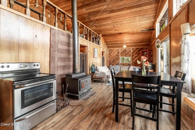 7771 W Channel Ln, Rathdrum, ID 83858 - dining room with wood ceiling, a wood stove, wooden walls, and wood finished floors