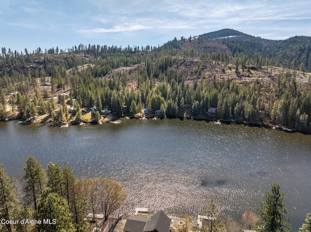 7771 W Channel Ln, Rathdrum, ID 83858 - aerial overview of property's location featuring a heavily wooded area and a water and mountain view